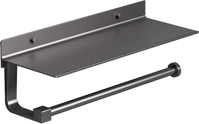 Danpoo Kitchen Paper Towel Holder with Shelf Wall Mount, Adhesive Hand Towel Holder for Bathroom, Matte Grey