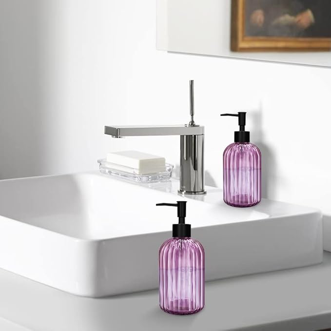 Pack of 2 Glass Soap Dispenser with Black Pump, 400 ml Refillable Pump Dispenser for Kitchen, Bathroom, Laundry Room, Liquid Glass Bottle for Washing Up Liquid, Shampoo, Conditioner (Purple)