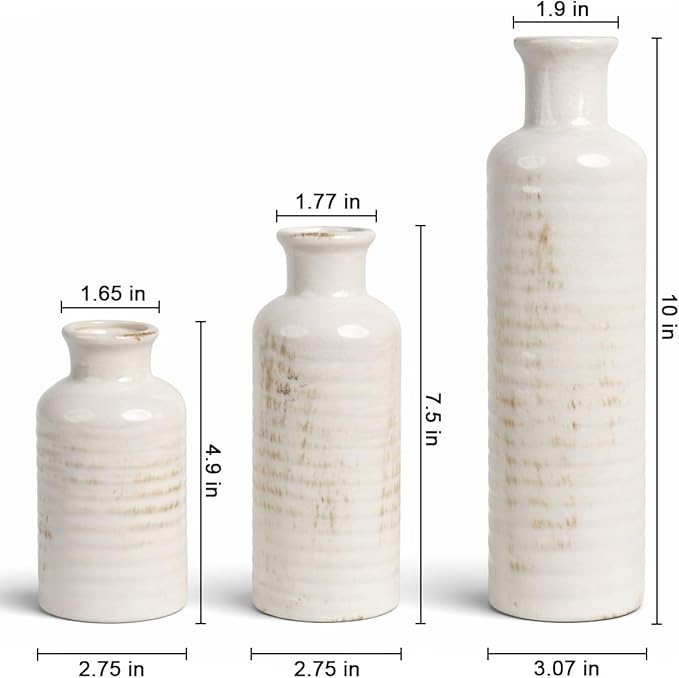 White Ceramic Vase Set of 3 – Ribbed Texture Crackle Glaze Bottle Vases for Rustic Farmhouse Table Centerpiece, Shelf & Mantel Decor