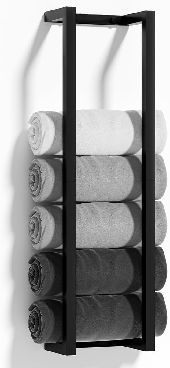 Towel Racks for Bathroom,VIDA-ZONE 304 Stainless Steel Towel Storage Racks for Rolled Bath Towels Can Hold 6 Large Towels,Wall Mounted 30 Inch Bathroom Organizer for Small Space Black Towel Holder
