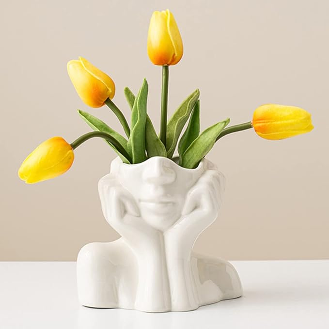 Ceramic Face Vase, White Flower Vases for Decor Female Form Head Half Body Vase Boho Unique Decorative Modern Style for Home Living Room Office Book Shelf (Medium)