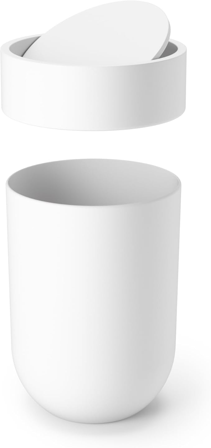 Umbra Touch Trash Can, Small 1.6-Gallon Garbage Bin with Swing Lid, Waste Basket for Bathroom or Office, White