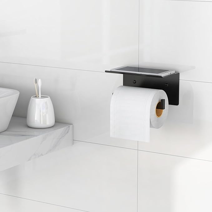 Gypie Toilet Paper Holder with Phone Shelf, Matte Black Toilet Paper Holder Wall Mount, Rustproof Stainless Steel Bathroom Storage