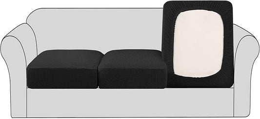 H.VERSAILTEX Super Stretch Couch Cushion Covers Sofa Cushion Slipcovers Jacquard Fabric Individual Seat Couch Slipcover Sets for Pets with Elastic Bottom(3 Packs Cushion Sofa Covers, Black)