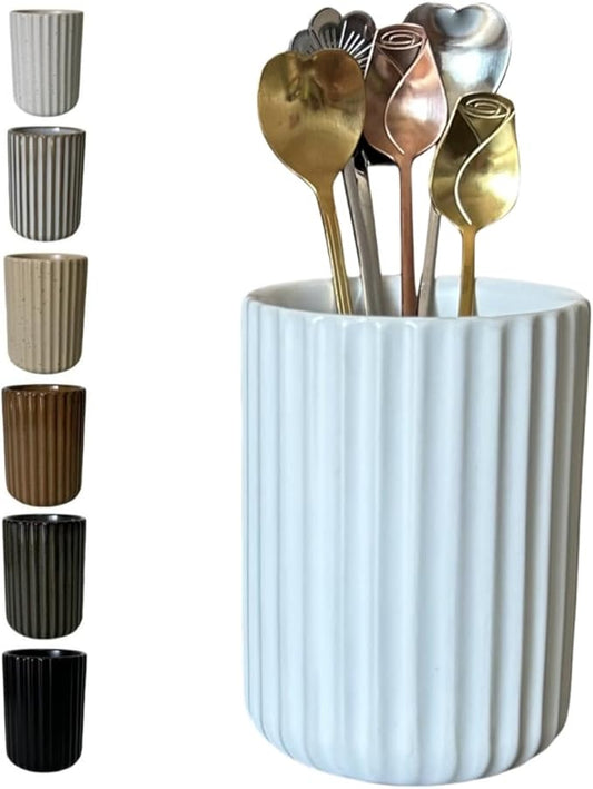 TOPYOKK Stoneware Coffee Bar Utensil Holder Tea & Coffee Spoon & Stirrer Holder for Stir Stick Straw Teaspoon Holder Spoon Cup Small Utensil Jar Fluted Vertical Stripe (Pure White)