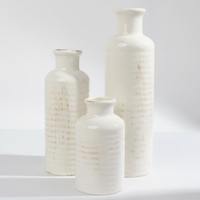 White Ceramic Vase Set of 3 – Ribbed Texture Crackle Glaze Bottle Vases for Rustic Farmhouse Table Centerpiece, Shelf & Mantel Decor