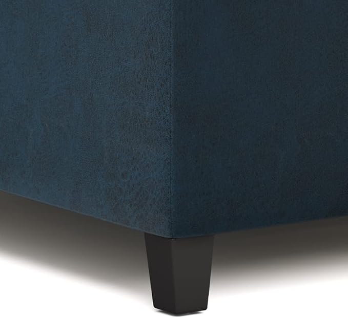SIMPLIHOME Harrison Coffee Table Storage Ottoman - 36 inch Wide Upholstered Vegan Leather Square Lift-Top Ottoman in Distressed Dark Blue, Transitional Ottoman for Living Room with Hidden Storage
