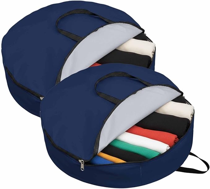 24 Inch Round Storage Bag 2 Pack,Modern Solid Color Navy Blue Waterproof Wreath Storage Container with Handles&Zipper Minimalist Pure Bleu Marine Closet Organizer Bags Garland Box
