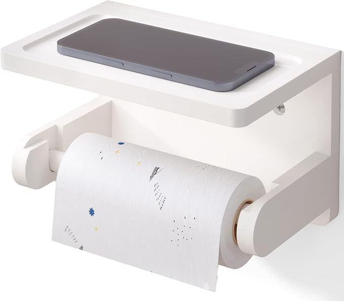 VERTORGAN Toilet Paper Holder with Phone Shelf,Bamboo Wall Mounted Tissue Roll Holder for Bathroom(White)