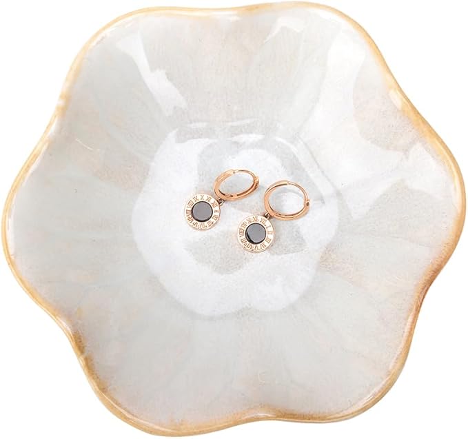 Ceramic Jewelry Dish, Lotus Leaf Decor Ring Tray, Small Key Bowl, Trinket Holder, Catch All Tray for Necklace Earrings, Nightstand Decor for entryway Table Home for Women Mom Friend Sister (Whtie)