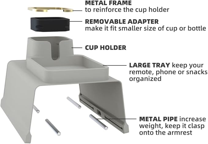 Couch Cup Holder Tray, Elimiko Silicone Anti-Spill and Anti-Slip Couch Drink Holder, Strong and Weighted Phone/Remote/Snacks Sofa Cup Holder (Griege)