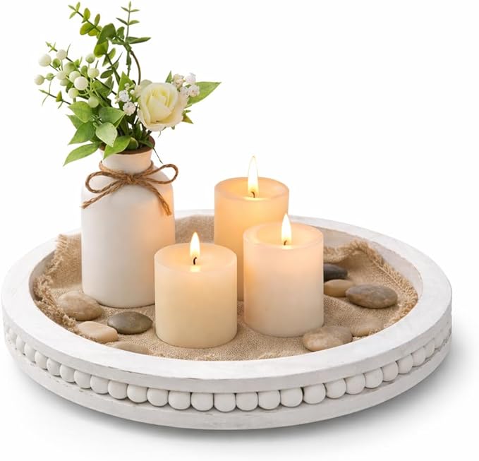 RayNab Farmhouse Round Wooden Beaded Tray – 12" Whitewashed Rustic Decorative Wood Tray for Coffee Table, Kitchen Centerpiece, Ottoman or Serving Snacks