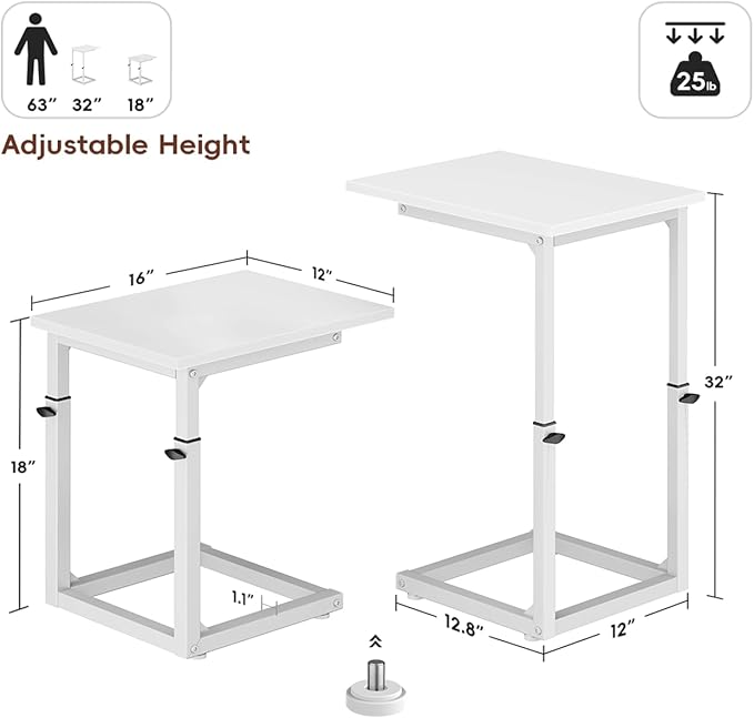 Vagusicc C Shaped End Table, 33"C Table End Table Adjustable Height, Small Side Table for Couch, Tv Tray Table for Small Spaces, Couch Table That Slide Under, Sofa Table for Living Room,Bedroom, White