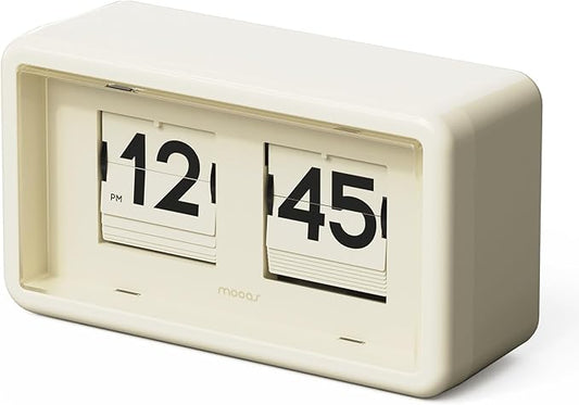 mooas Newtro Flip Desk Clock, Retro Design Auto Flip Clock, Automatic Turning Vintage Flip, Battery Powered, AM/PM, Home Décor Ideal for Home Office School Hotel Café (Cream)