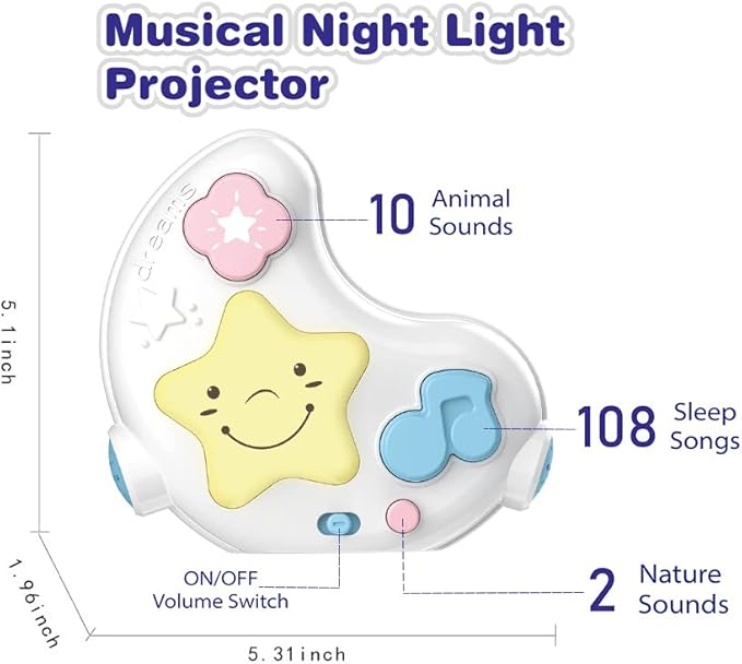 cxjoigxi White Noise Machine and Baby Soother with Remote, 108 Lullaby Music, Soothing Sounds and Night Light for Newborn Nursery Sleeping, Musical Crib Toy, Portable Baby Sound Machine for Travel