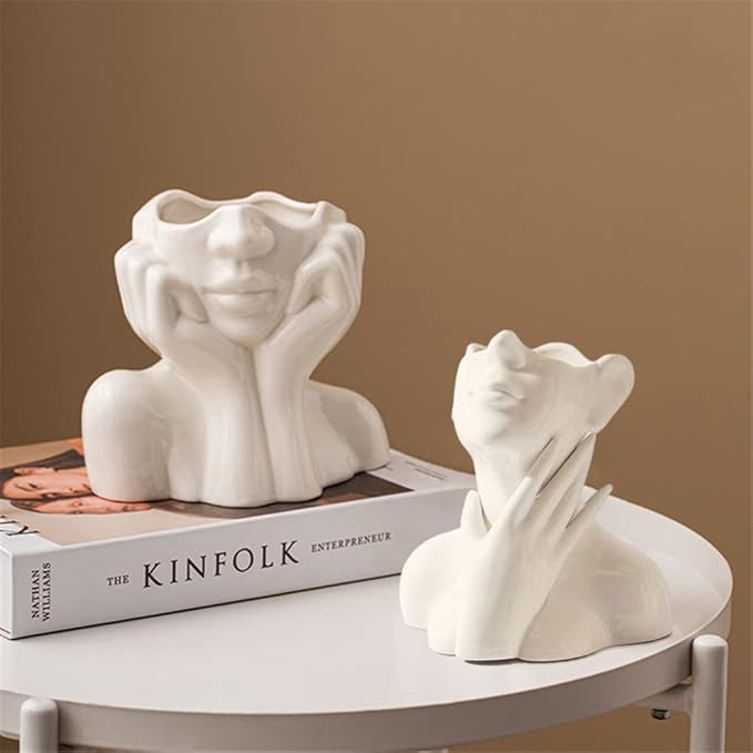 Ceramic Face Vase, White Flower Vases for Decor Female Form Head Half Body Vase Boho Unique Decorative Modern Style for Home Living Room Office Book Shelf (Medium)