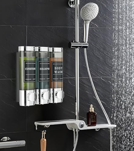 Shower Soap Dispenser Wall Mounted No Drill Shampoo Dispenser for Shower Wall Shampoo and Conditioner Dispenser Bathroom Hotel 3 * 300ml Chrome with Labels