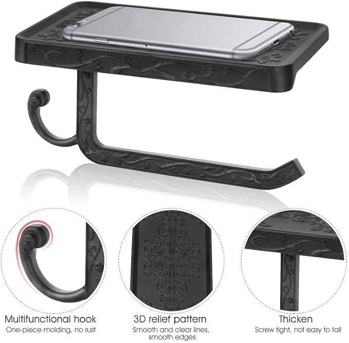 Vintage Toilet Paper Holder Wall Mount Toilet Roll Holder with Shelf and Hook Bronze Antique Bathroom Accessories Toilet Tissue Roll Holder Hanger Aluminum Material (Black)