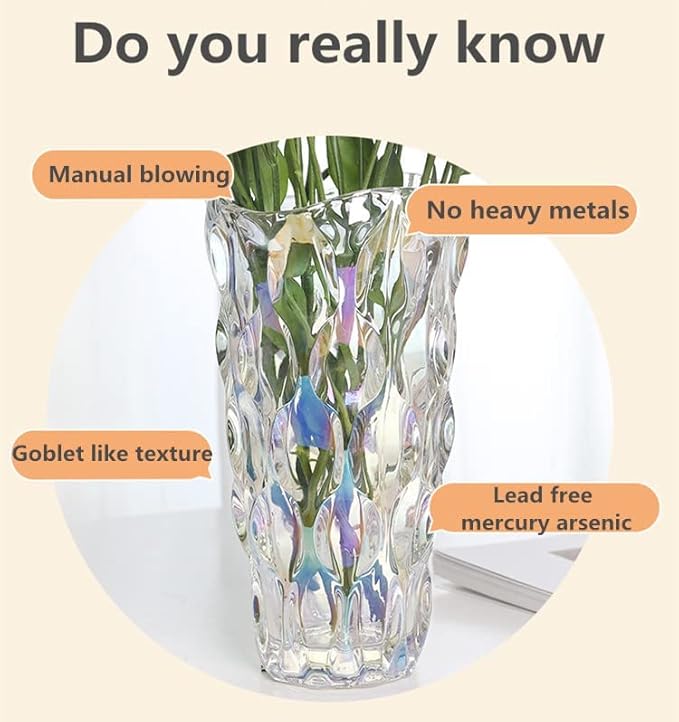 Unbreakable Flower Glass Vase 3.5lb 9.5inch Transparent vase Bohemian Style, for Centerpieces,Kitchen,Office, Living Room,Wedding,Perfect Home Decor Glass Vase (Transparent)