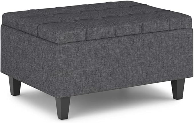 SIMPLIHOME Harrison Small Coffee Table Storage Ottoman - 34 inch Wide Upholstered Linen Look Fabric Rectangular Lift-Top Ottoman in Slate Grey, Transitional Ottoman for Living Room with Hidden Storage