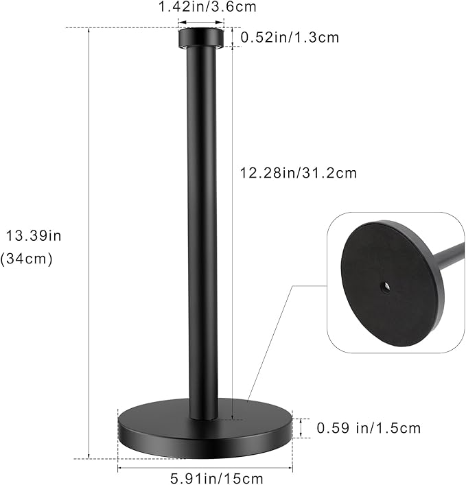 Paper Towel Holder Countertop, Kitchen Roll Holder, Stainless Steel Black Paper Towel Holders for Kitchen Organization, Paper Towel Dispenser Standing Weighted Base for One-Handed Operation