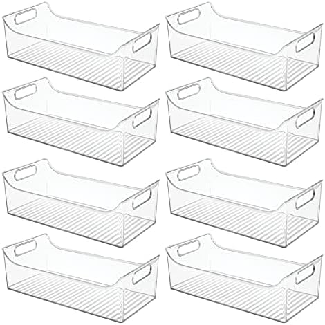 mDesign Slim Plastic Kitchen Pantry Cabinet, Fridge or Freezer Storage Bin with Handles - Organizer Containers for Fruit, Yogurt, Snacks, Pasta - 16" Long - Ligne Collection - 8 Pack - Clear