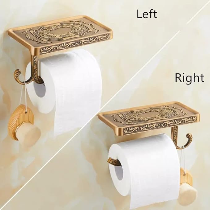 Vintage Carved Floral Toilet Paper Holder with Shelf - Antique Brass Finish Aluminum Bathroom Organizer, Wall Mounted Decorative Roll Holder for Bathroom/Vanity (7.24" Phone Shelf)