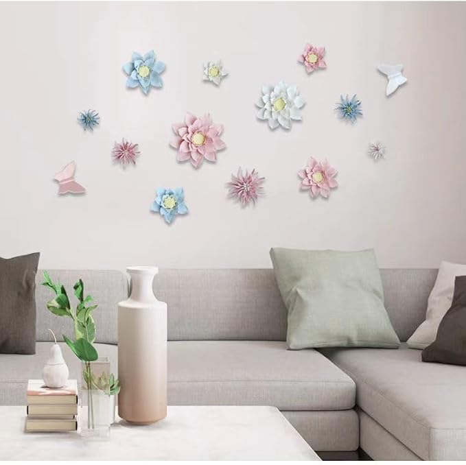 Yimi Flower，4.72" Ceramic Flower 3D Handmade Porcelain Flower Wall Art Decor, 3D Ceramic Flower Wall Decor, Home Office Decor, Unique Gift for Home Office Decor,Girls (Blue)