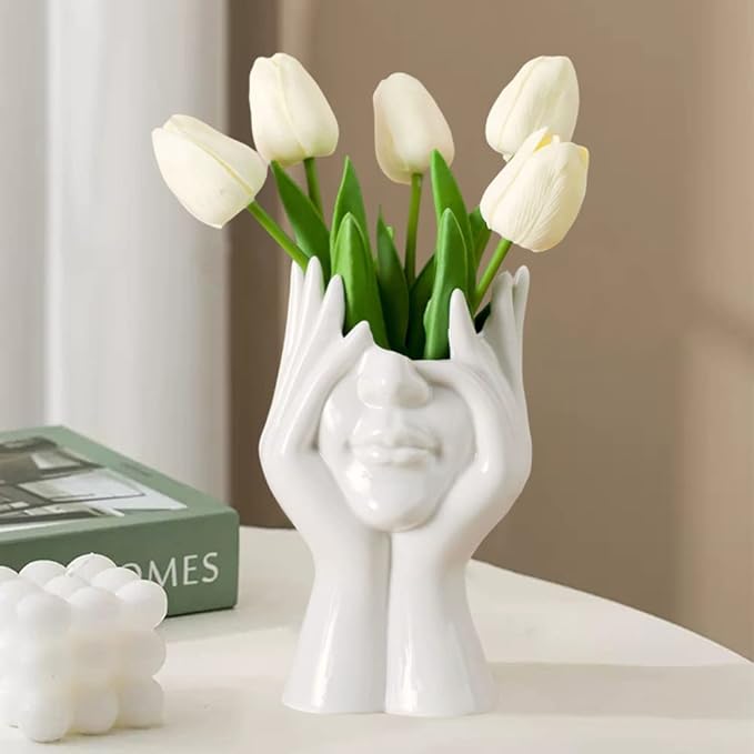 Ceramic Face Vase, White Flower Vases for Decor Female Form Head Half Body Vase Boho Unique Decorative Modern Style for Home Living Room Office Book Shelf (Medium)