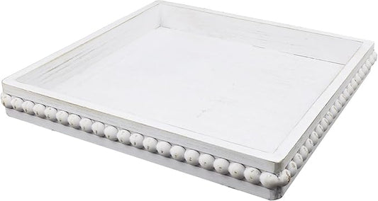 Hrastany Square Wood Decorative Serving Tray, Rustic Coffee Table Tray for Ottoman,Kitchen Counter Organizer, Bedroom, Home Decor(Whitewashed)