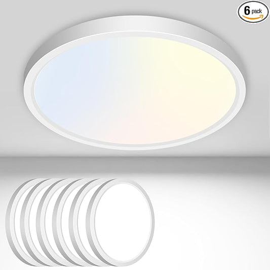 6PACK Flush Mount LED Ceiling Light Fixture - White, 6.5Inch 12Watt, Dimmable & 3000K-4000K-6500K 3 Color Selectable Ceiling Lamp - 1200LM Low Profile Light for Kitchen, Bedroom, Hallway, Porch