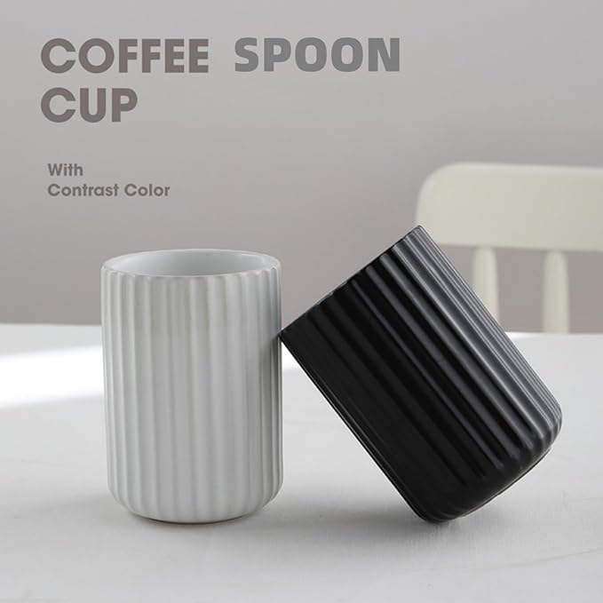 TOPYOKK Stoneware Coffee Bar Utensil Holder Tea & Coffee Spoon & Stirrer Holder for Stir Stick Straw Teaspoon Holder Spoon Cup Small Utensil Jar Fluted Vertical Stripe (Pure White)
