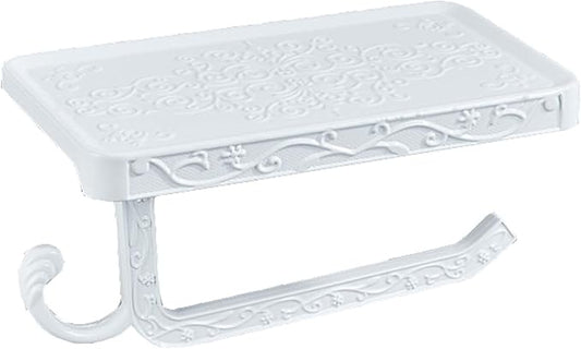 Vintage Carved Floral Toilet Paper Holder with Shelf - Crisp White Aluminum Bathroom Organizer, Wall Mounted Decorative Roll Holder for Bathroom/Vanity (7.24" Phone Shelf, Rust-Proof Finish)