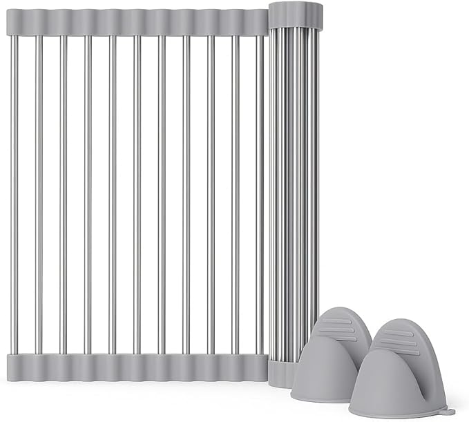 Over Sink Dish Dryng Rack - Roll Up Stainless Stell & Silicone Drying mat, Heat Resistant, Non-Slip & Foldable, Space Saving Kitchen Organizer (17.3"x 15.7")