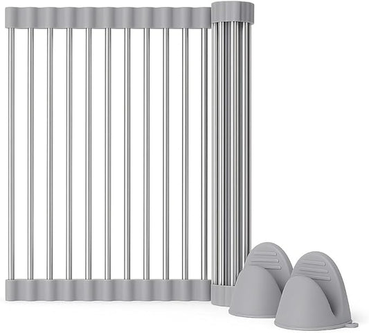 Over Sink Dish Dryng Rack - Roll Up Stainless Stell & Silicone Drying mat, Heat Resistant, Non-Slip & Foldable, Space Saving Kitchen Organizer (17.3"x 15.7")