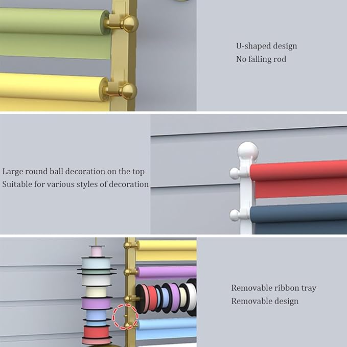 Ribbon Storage Organizer Rack, Wall Mounted Wrapping Paper Organizer, Metal Ribbon Storage for Craft Room Flower Shop Wrapping Paper,Gold 39.3X7.8X47In,White-27.5x7.8x47in