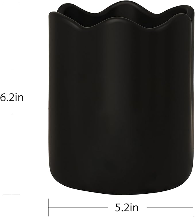 Ceramic Utensil Holder for Kitchen Counter, 6.2" Kitchen Utensil Holder with Cork Bottom for Countertop, Modern Scalloped Cooking Tool Organizer for Spatula, Matte Black