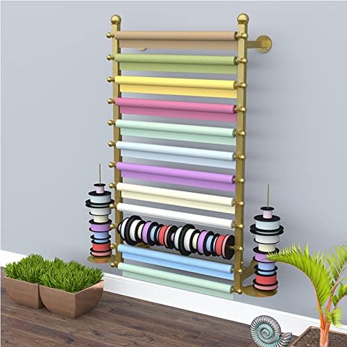 Ribbon Display Storage Organizer Wire Spool Rack Wrapping Paper Shelf Wall Mounted,Detachable Ribbons Tray&Removable Crossbars,Gold,100X20X120Cm