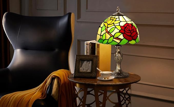 MIAOKE Stained Glass Table Lamp,Stained Glass Crystal Bead Style Table Light,Handmade Desk Bedside Night Light,Antique Art Craft Gifts Lover Living Room Bedroom Bookcase (A Rose)