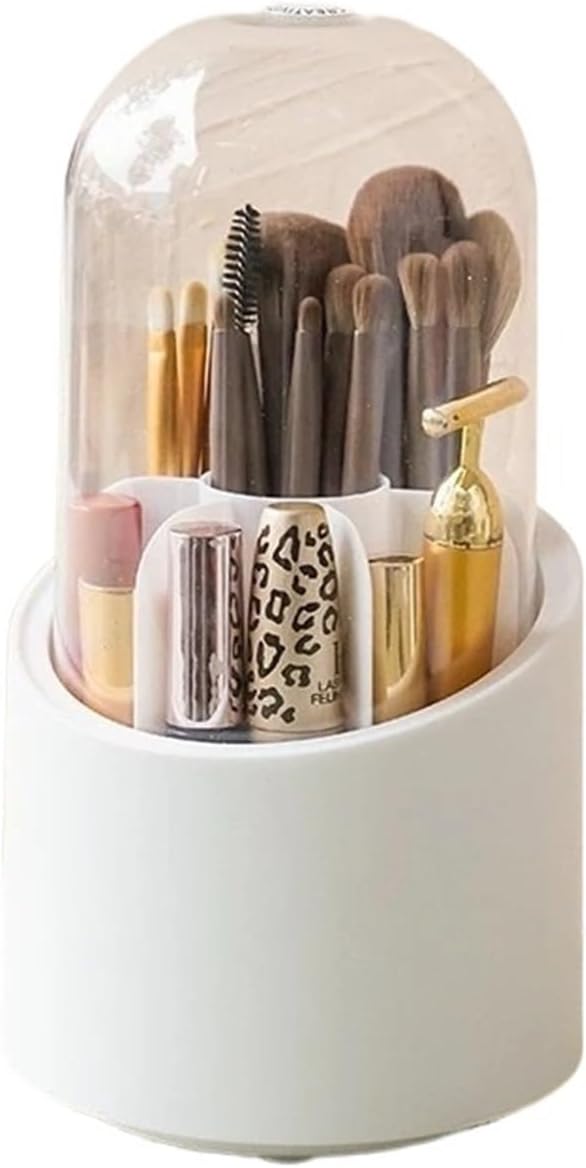 Compatible For Rotating Makeup Brush Organizer with Lid Dustproof Transparent Acrylic Box Shelf Eyebrow Pencil Barrel Bucket(WHITE)