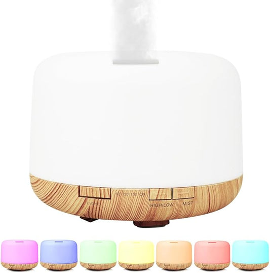 500ml Premium Essential Oil Diffuser,Quiet 4-in-1 Ultrasonic Aromatherapy Humidifier,7 Color LED Lights,with Adjustable Automatic Timer Off Function and Spray Mode. (Light Woodgrain,Classic Model)