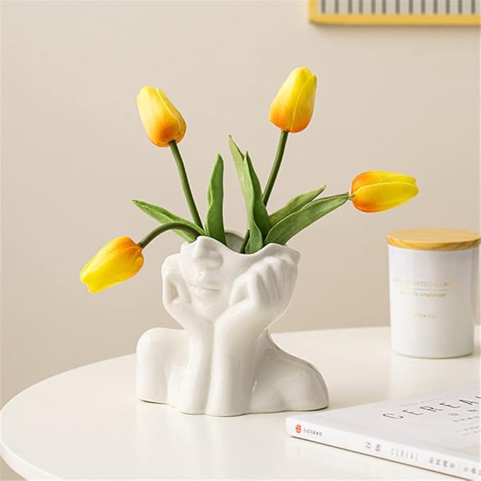 Ceramic Face Vase, White Flower Vases for Decor Female Form Head Half Body Vase Boho Unique Decorative Modern Style for Home Living Room Office Book Shelf (Medium)