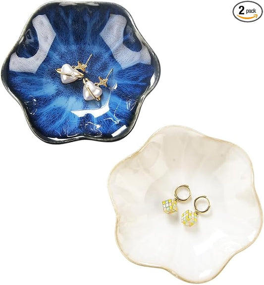 2PCS Lotus Leaf Shape Ring Holder Dish, Small Key Bowl, Ceramic Trinket Tray Jewelry Dish Organizing Necklace Earrings for Mom Friend Sister, All Jewelries Are NOT Included.White+Deep Blue.
