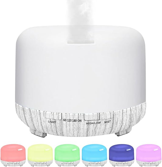 500ml Premium Essential Oil Diffuser,Quiet 4-in-1 Ultrasonic Aromatherapy Humidifier,7 Color LED Lights,with Adjustable Automatic Timer Off Function and Spray Mode. (White Woodgrain,Mini Model)