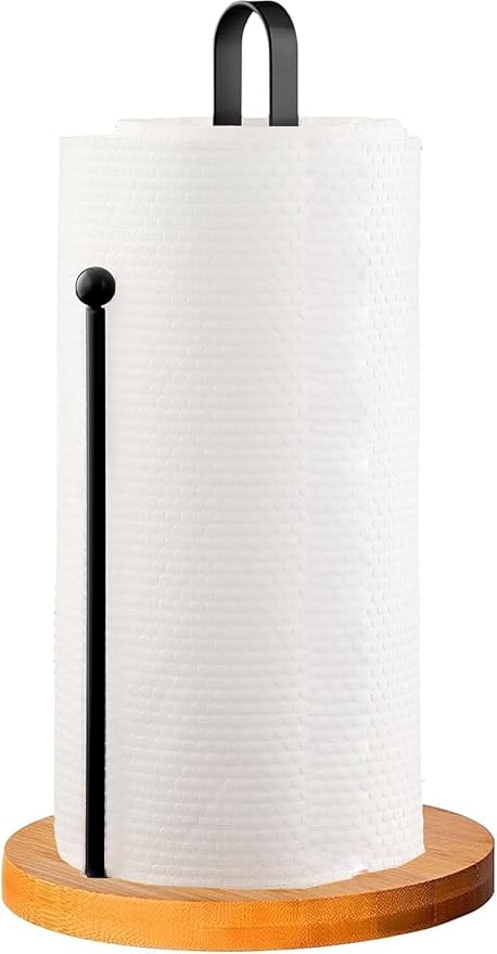 Wooden Paper Towel Holder Countertop, Kitchen-Towel-Holder FreeStanding with Side Bar for Kitchen Bathroom