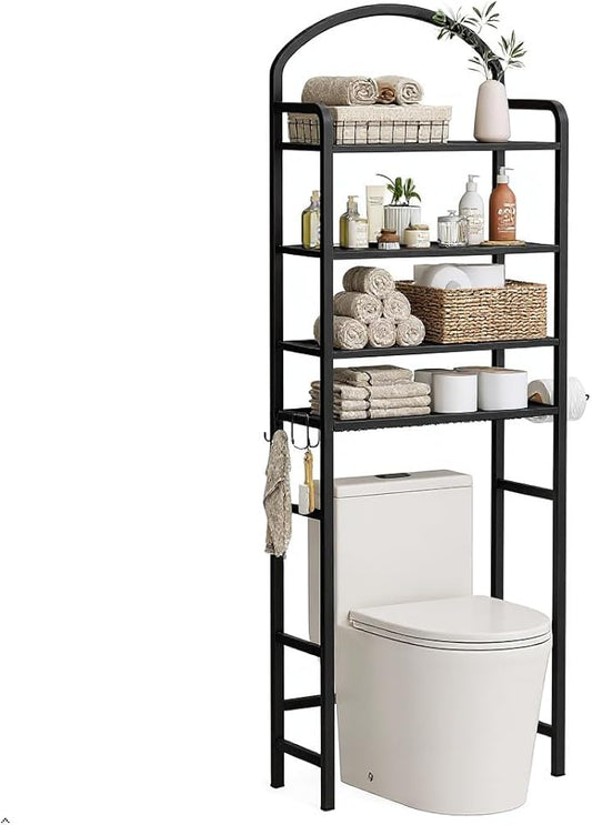 4-Tier Over The Toilet Storage, Bathroom Organizer, Space-Saving, Above Toilet Storage Rack with 4 Hooks and Paper Holder, Metal Shelf, Black