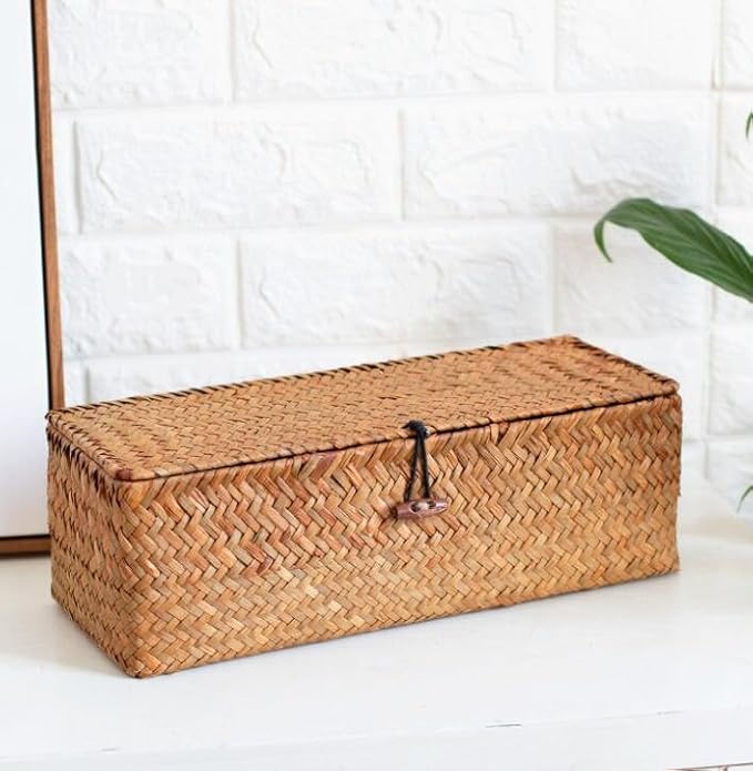 EatingBiting 13"x5" Seagrass Storage Basket with Lid Rectangular Small Woven Shelf Baskets Organize Hand Woven Storage Baskets Dust Clothing Storage-Box Wardrobe Container Sundries Organizer 3 Grids