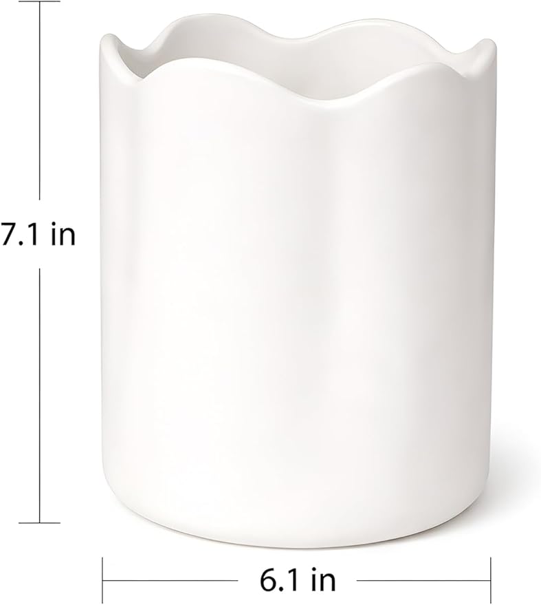 Ceramic Utensil Holder for Kitchen Counter, 7.1" Large Kitchen Utensil Crock with Protection Cork Mat, Modern Cooking Tools Organizer for Countertop, Matte White