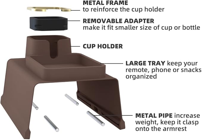 Couch Cup Holder Tray, Elimiko Silicone Anti-Spill and Anti-Slip Couch Drink Holder, Strong and Weighted Phone/Remote/Snacks Sofa Cup Holder (Brown)