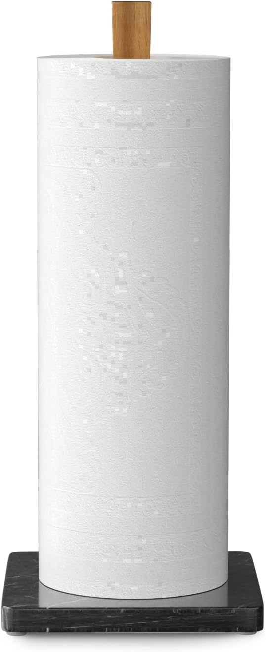 Buruis Wood Paper Towel Holder, Marble Base Modern Decorative Countertop Standing Rolls Holder for Kitchen, Toilet, Pantry and Bathroom (Square Marble Base Black)